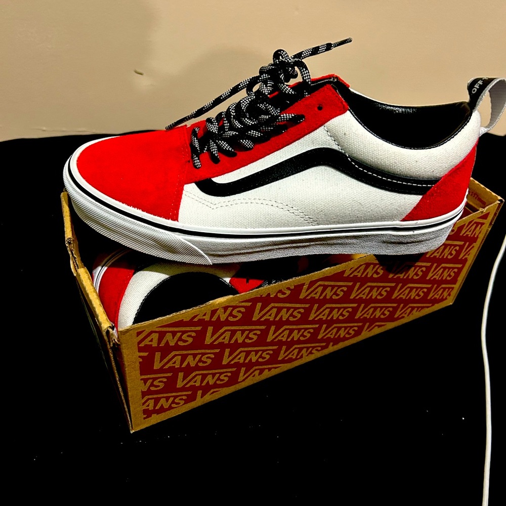Red, black, and white old Skool vans.